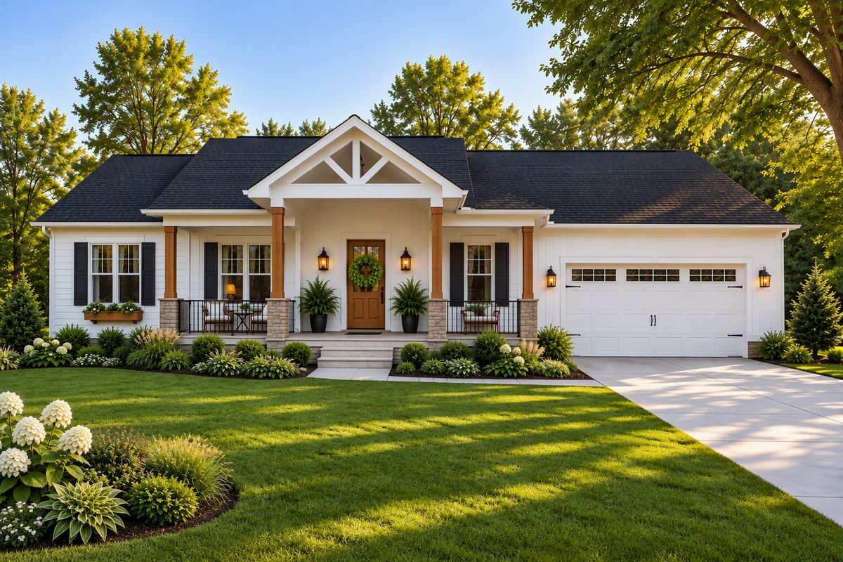 White single-story home with a covered front porch, wood posts, and an attached two-car garage