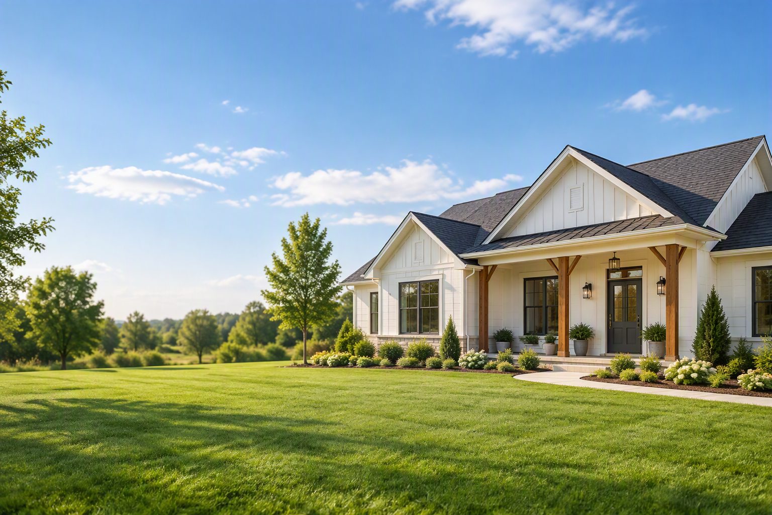 Newly built white farmhouse-style home with a covered front porch and a wide green lawn
